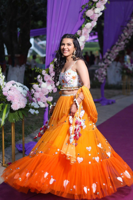 Orange Ombré Heart Embroidered Lehenga
