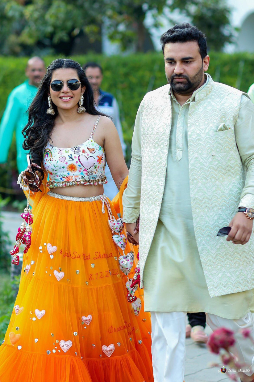 Orange Ombré Heart Embroidered Lehenga