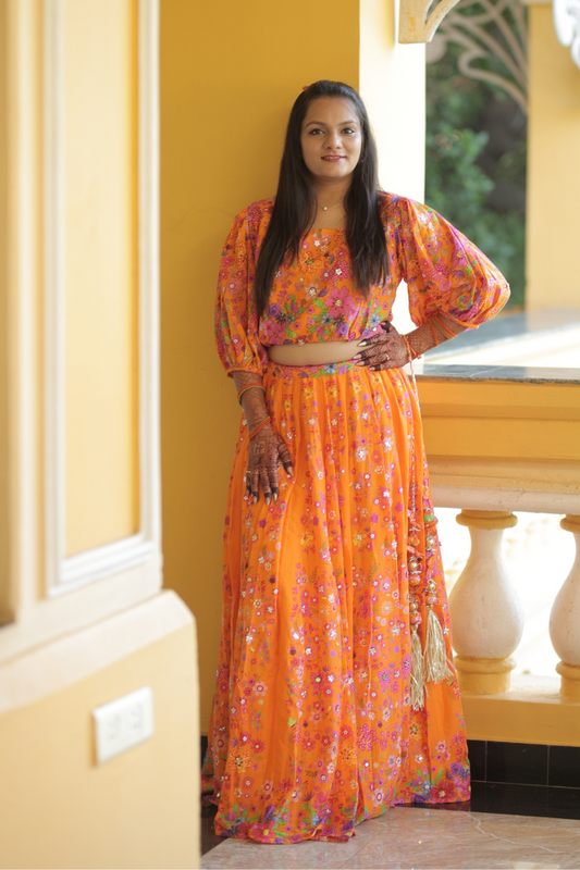 Orange Floral Printed Lehenga
