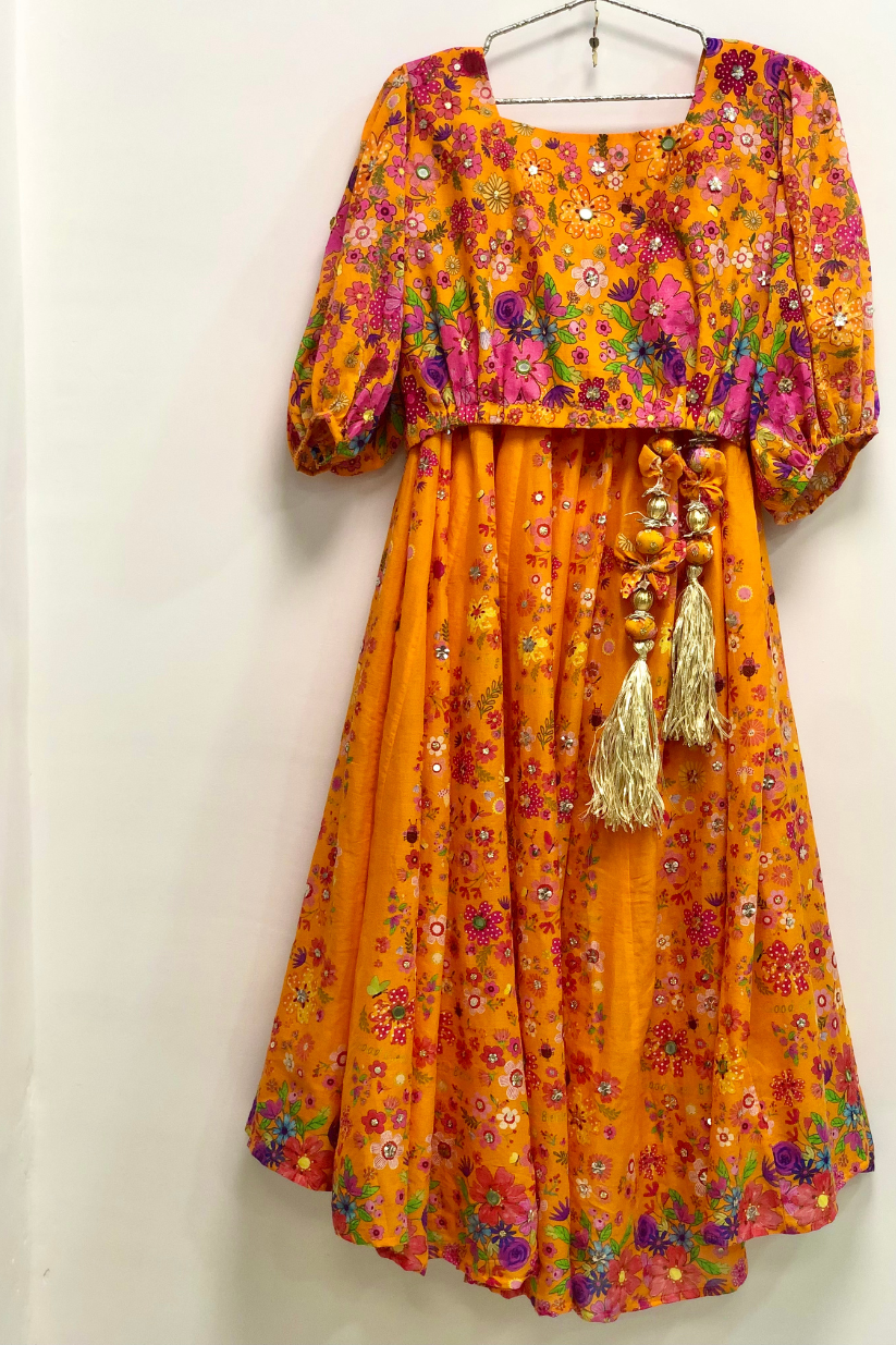 Orange Floral Printed Lehenga