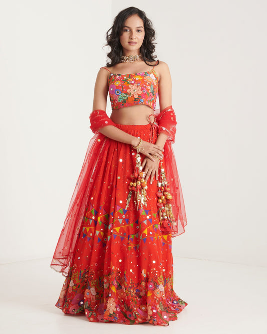 Scarlet organza printed lehenga set with blouse