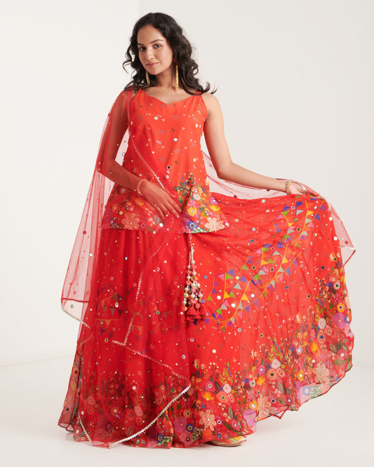 Scarlet organza printed lehenga set