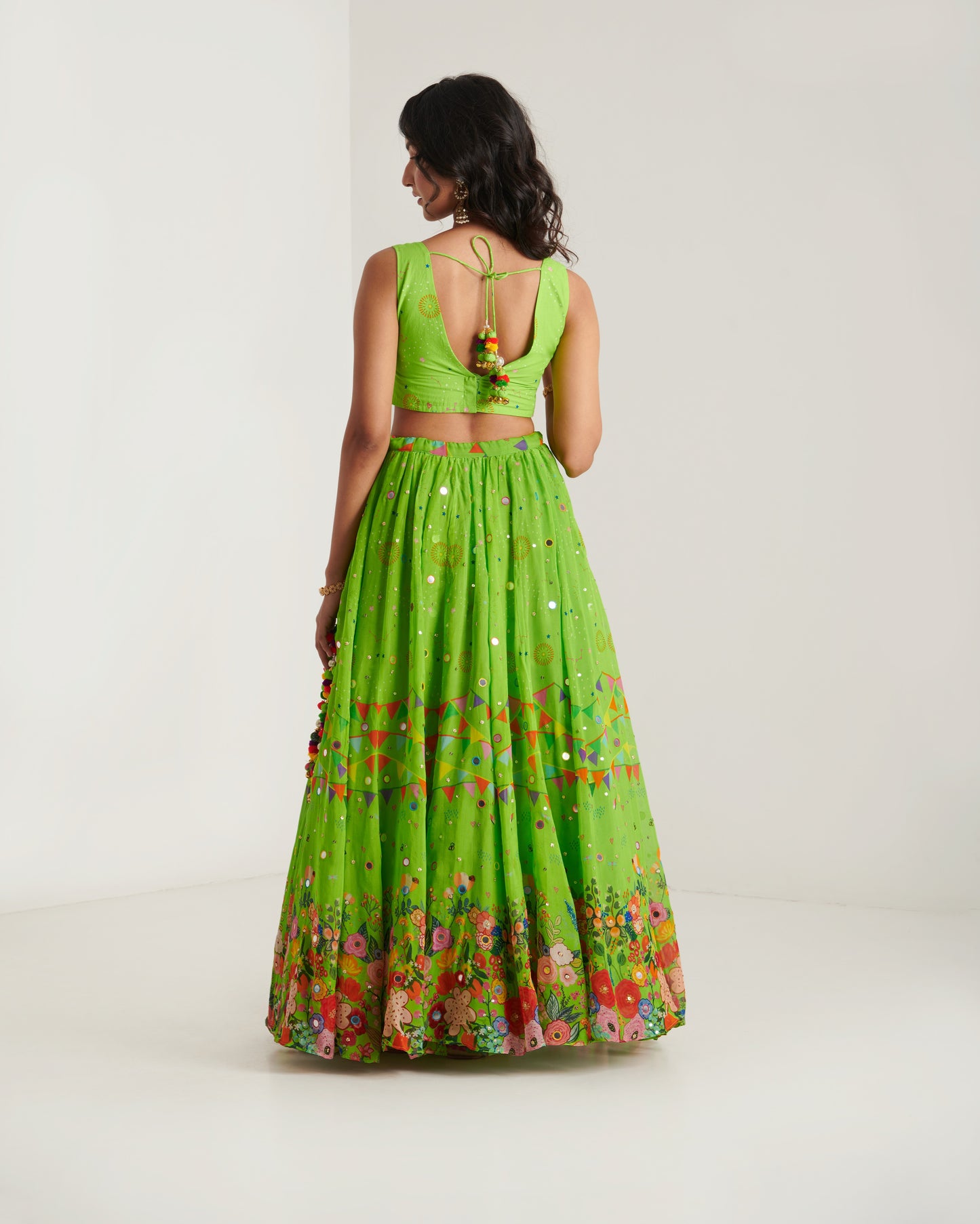 Parrot green organza printed lehenga set with blouse