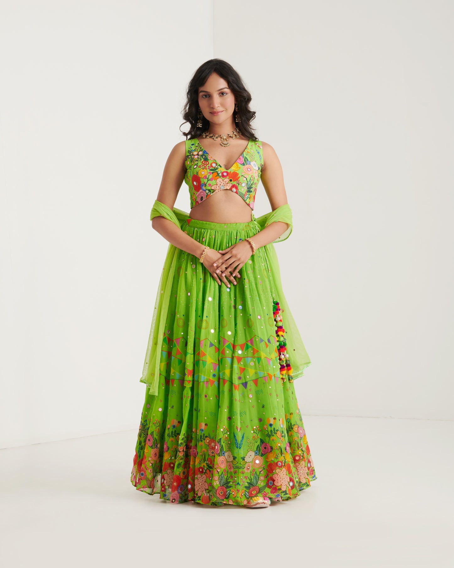 Parrot green organza printed lehenga set with blouse