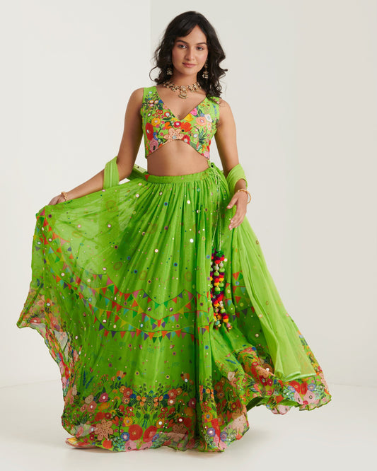 Parrot green organza printed lehenga set with blouse