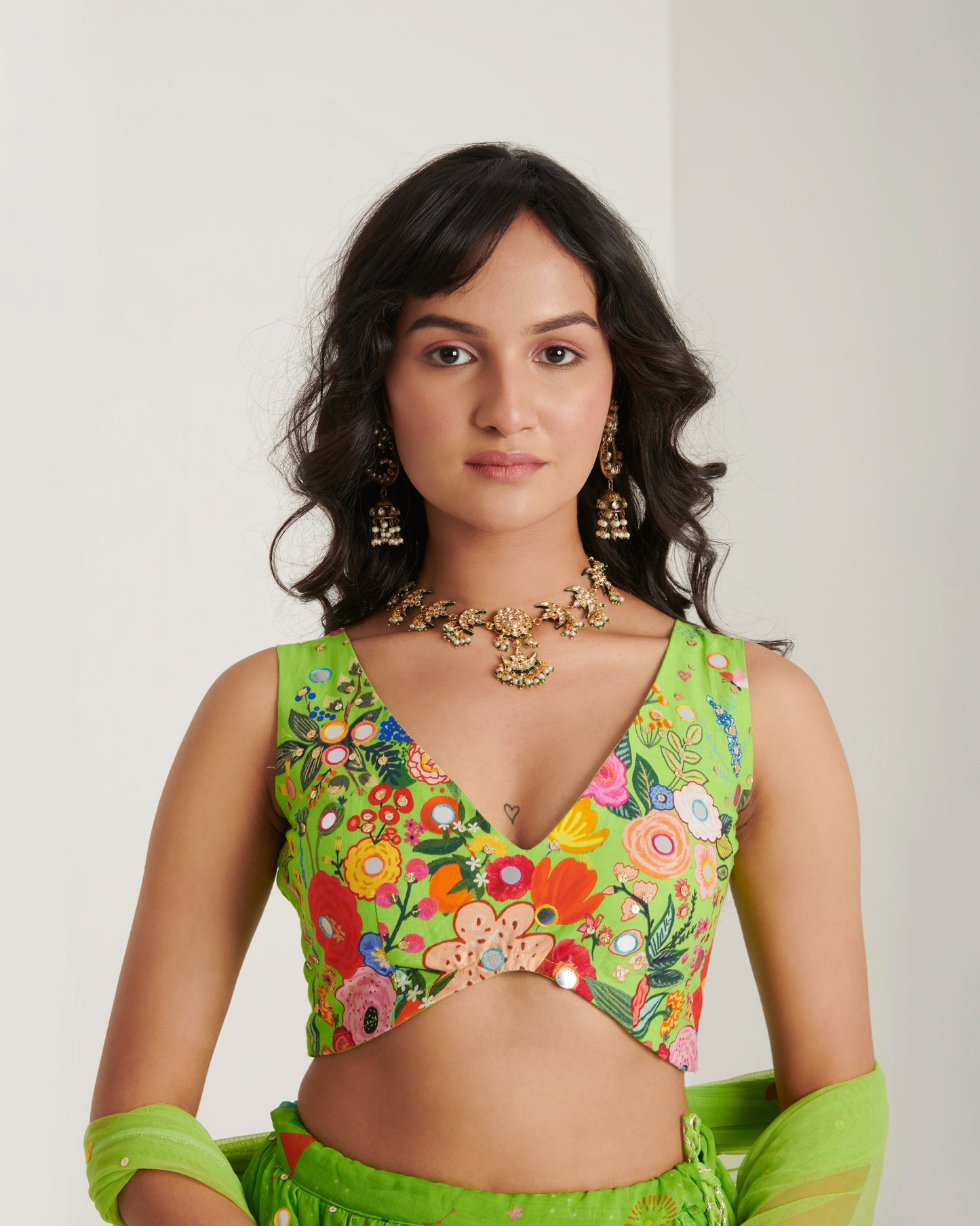 Parrot green organza printed lehenga set with blouse