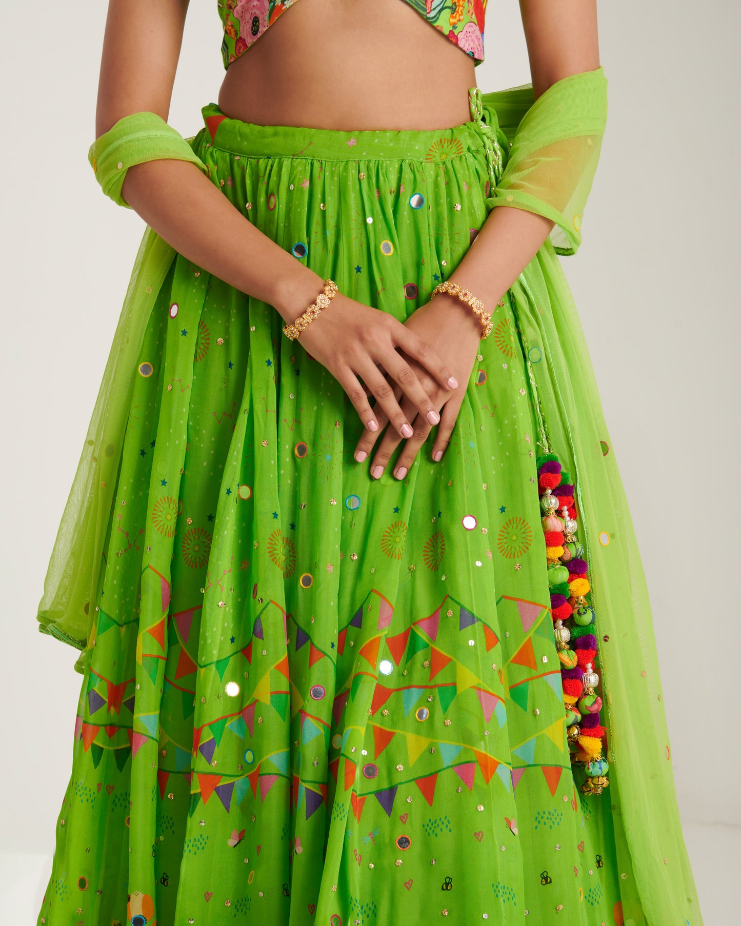 Parrot green organza printed lehenga set with blouse