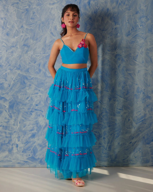 Blue embellished net Lehenga set