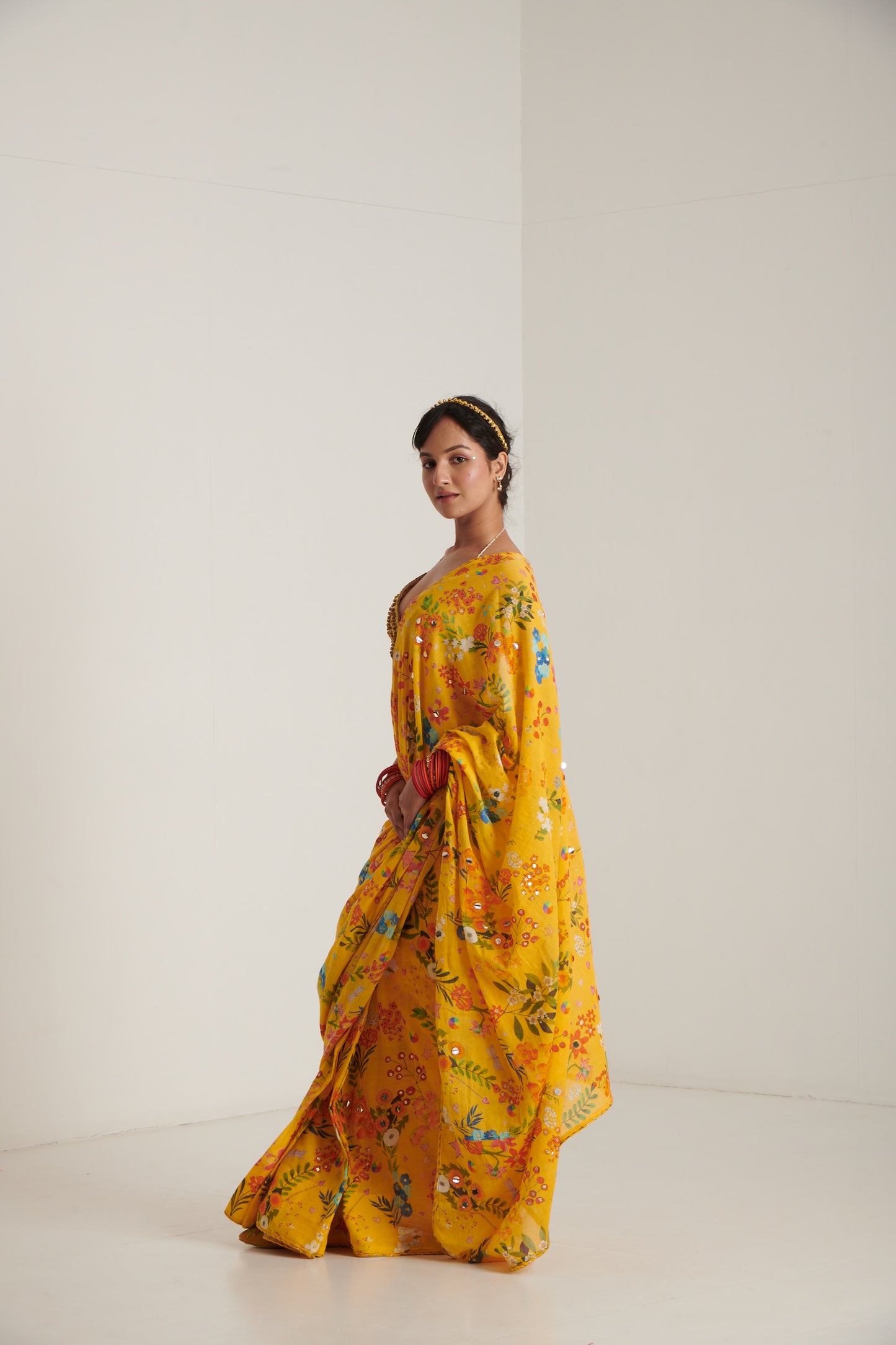 Yellow printed sari | Blushing Couture