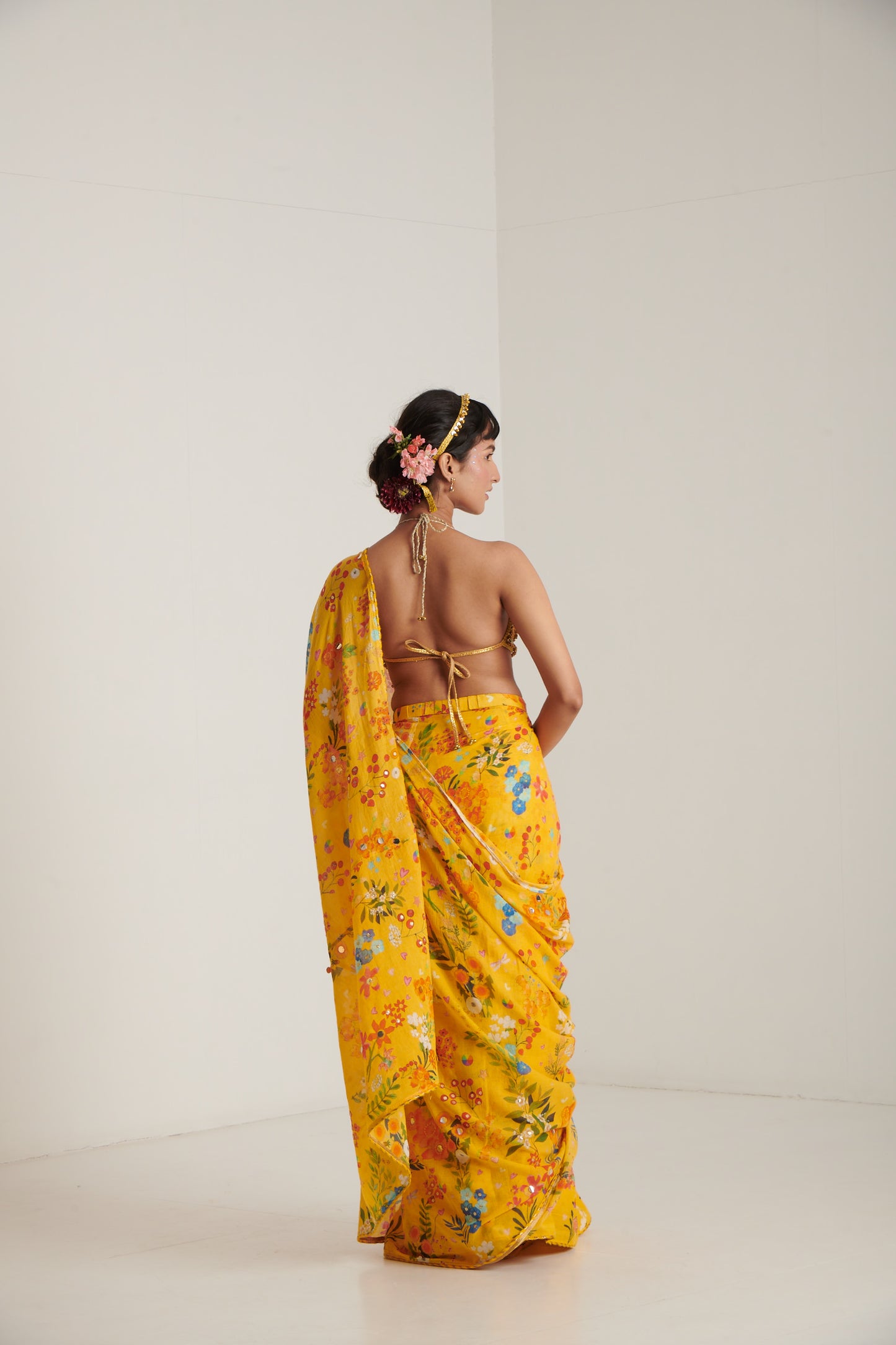 Yellow printed sari | Blushing Couture