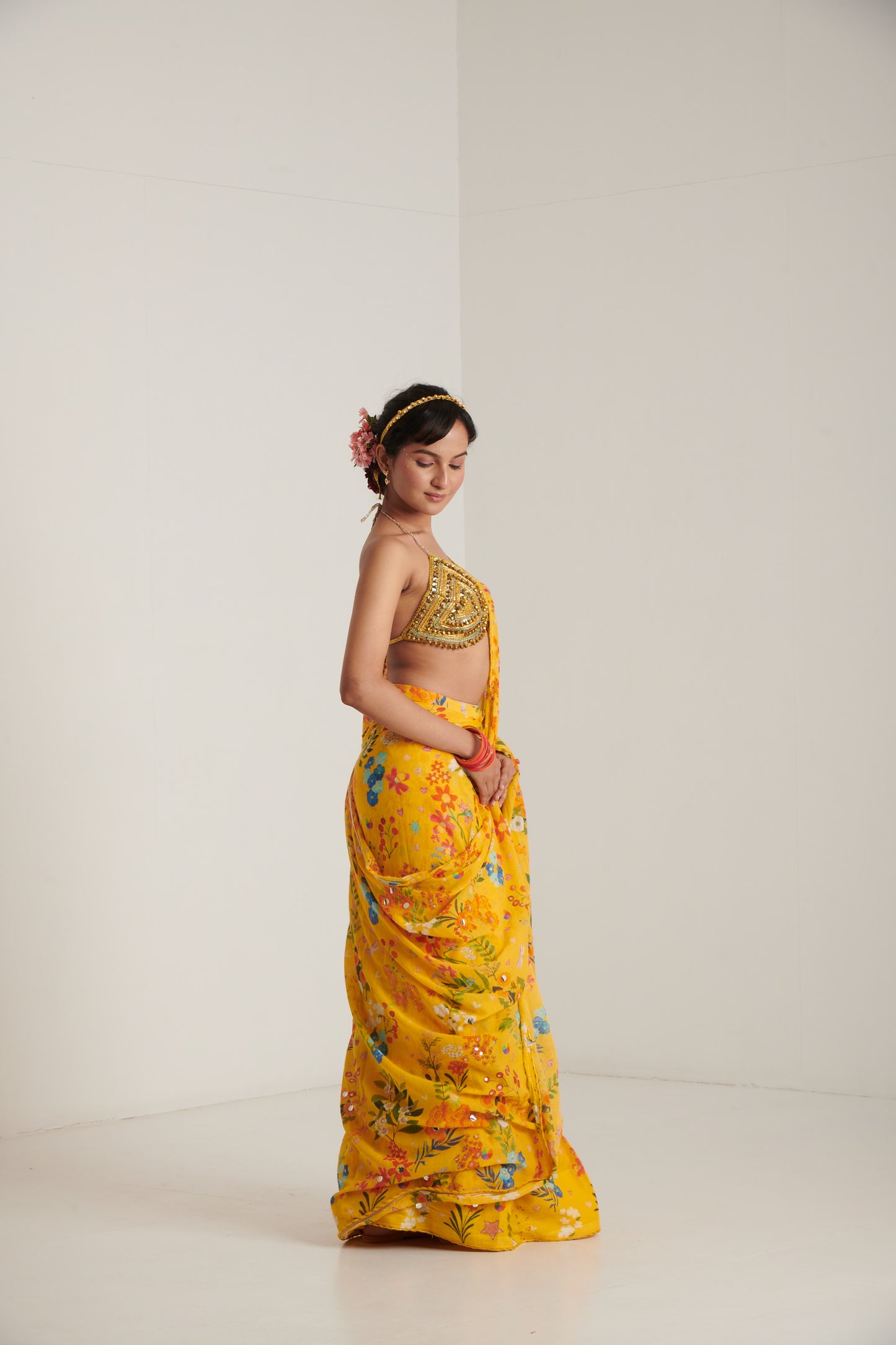 Yellow printed sari | Blushing Couture