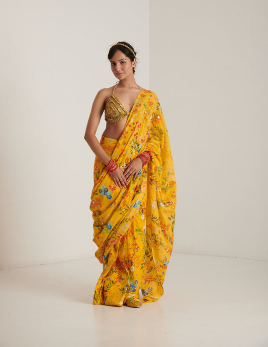 Yellow printed sari |  Blushing Couture