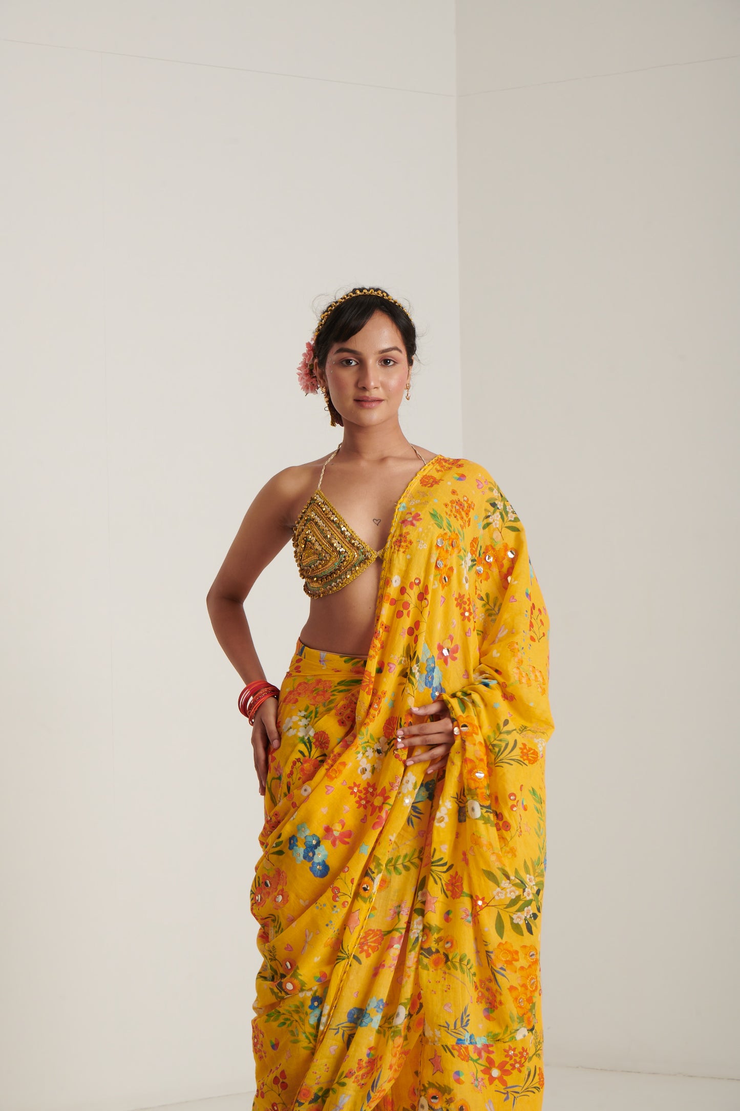 Yellow printed sari | Blushing Couture