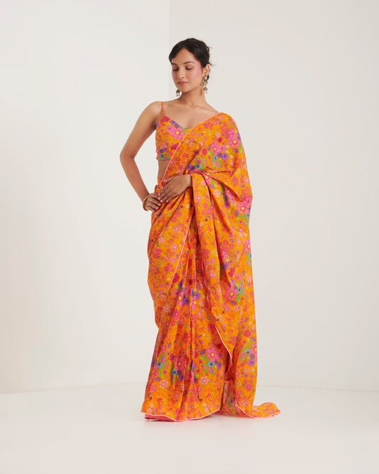 Orange  printed sari