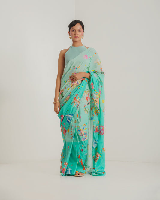 Turq printed sari