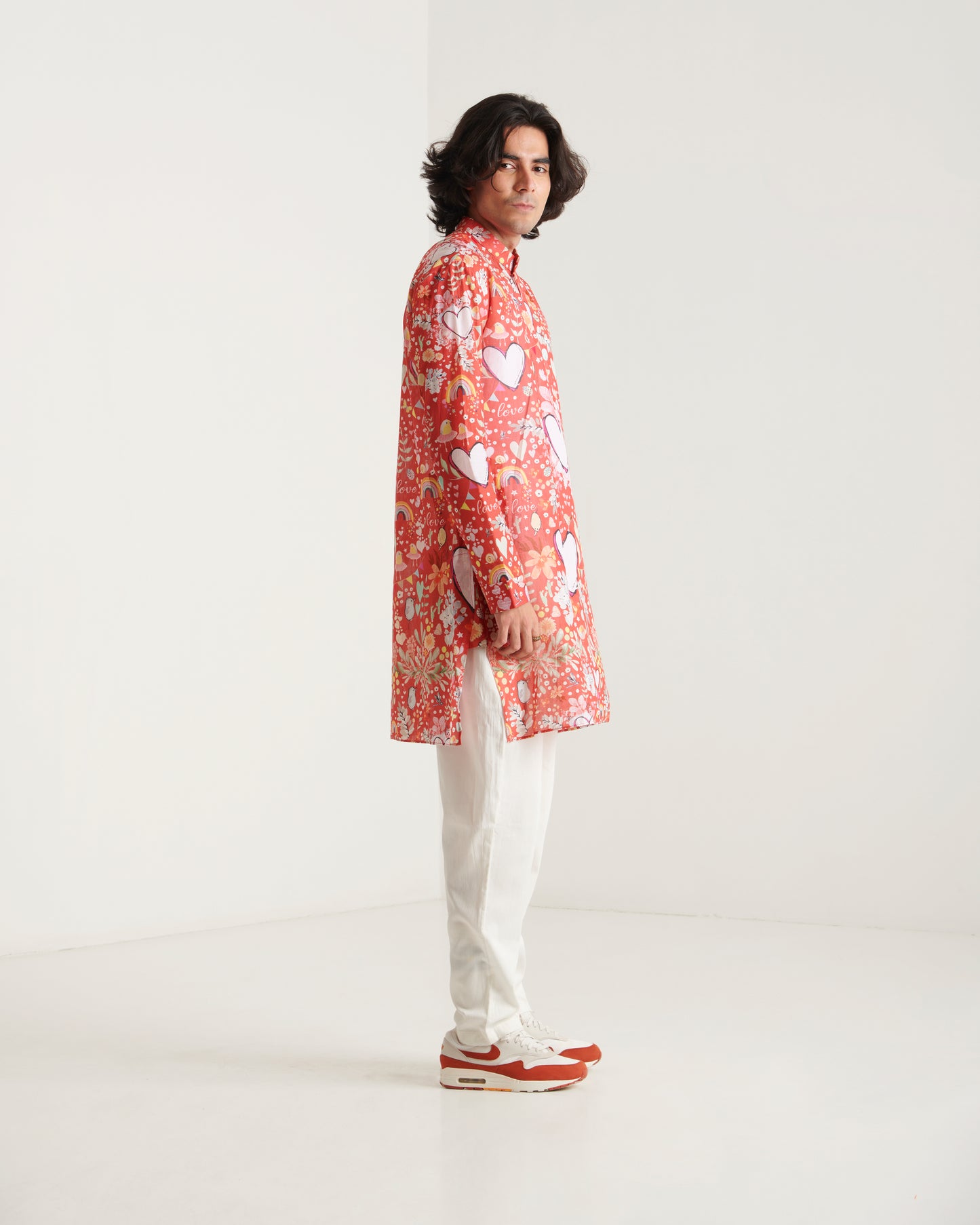 Red heart printed kurta set