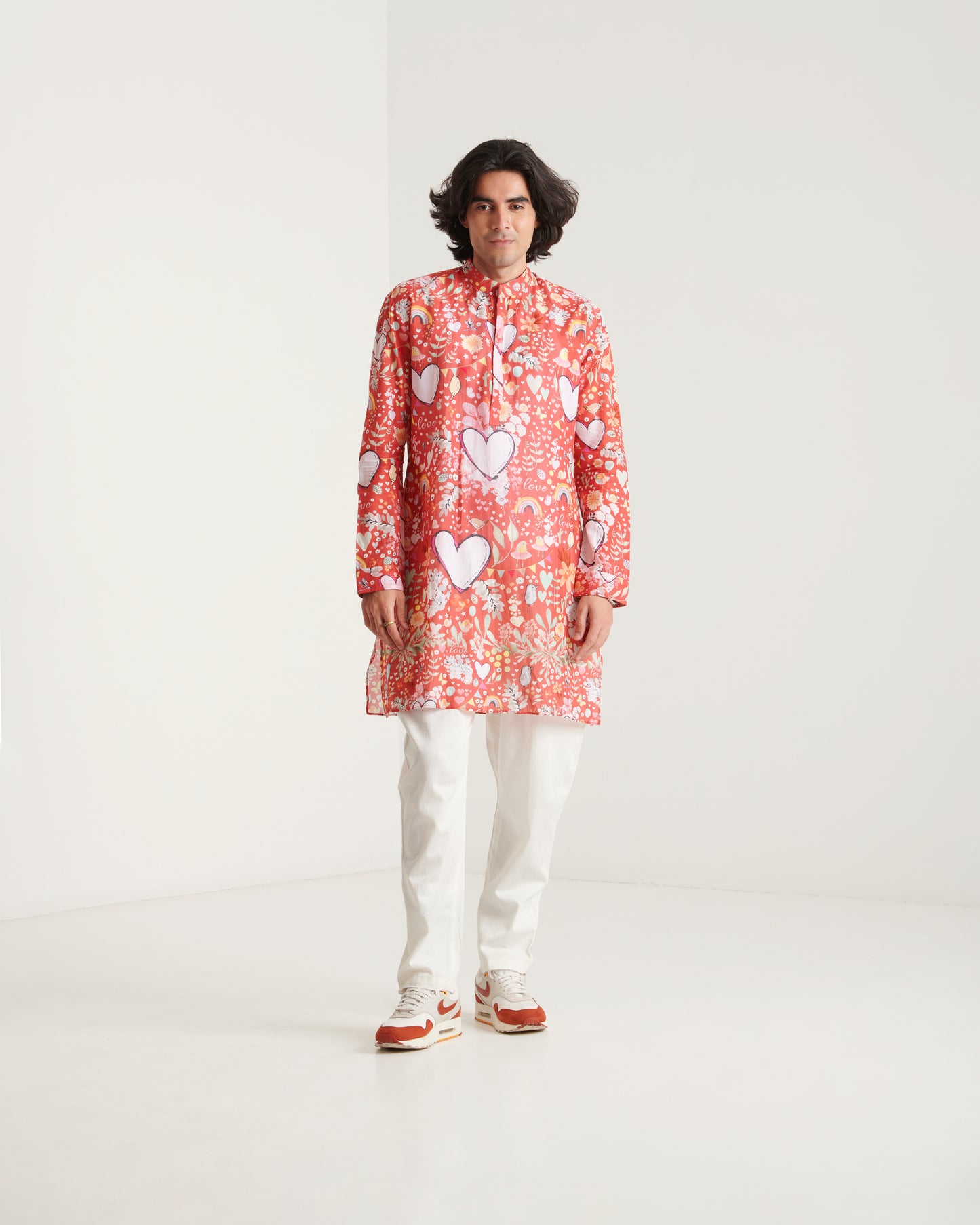 Red heart printed kurta set