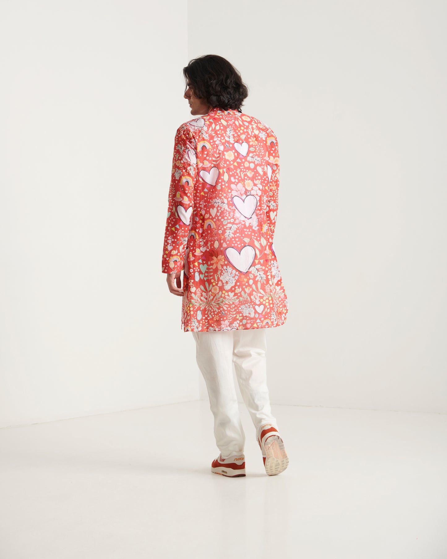 Red heart printed kurta set