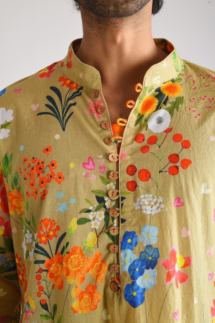 Beige printed men's kurta set