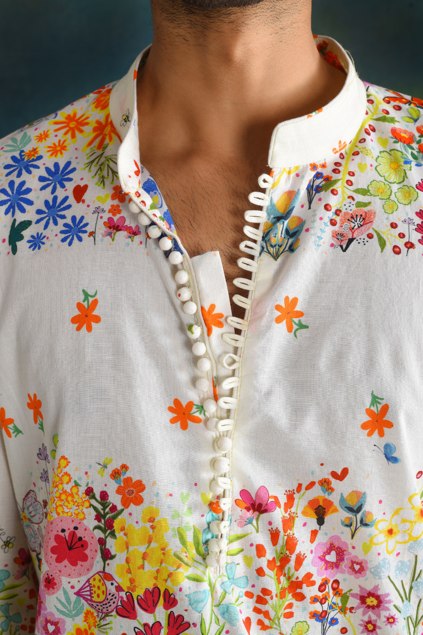 Cream printed men's kurta set