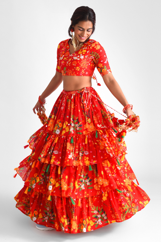 Red 3 Tier Lehenga