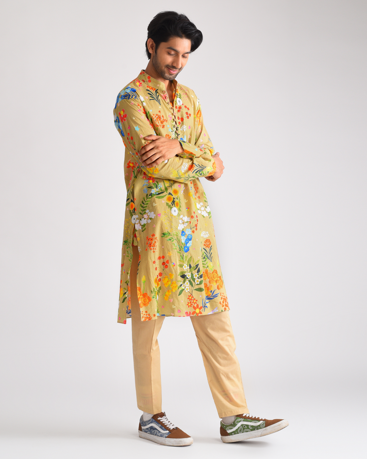 Beige printed men's kurta set