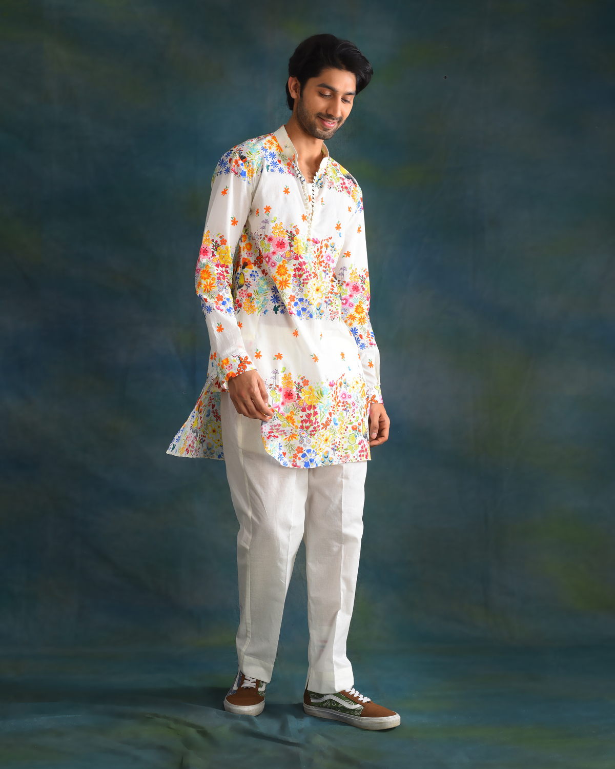 Cream printed men's kurta set