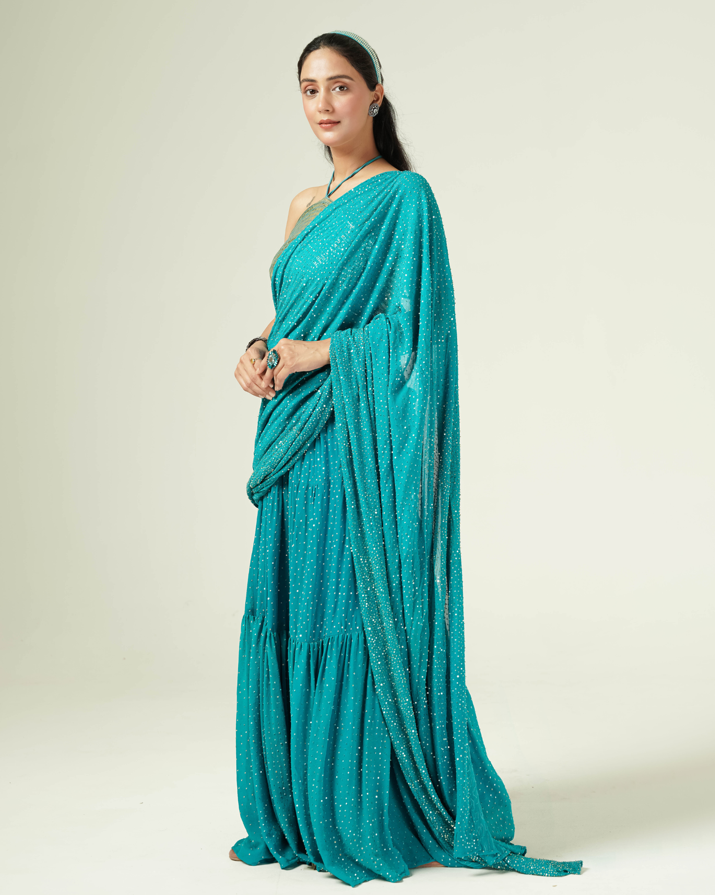Tara Teal Pre-Draped Saree Set