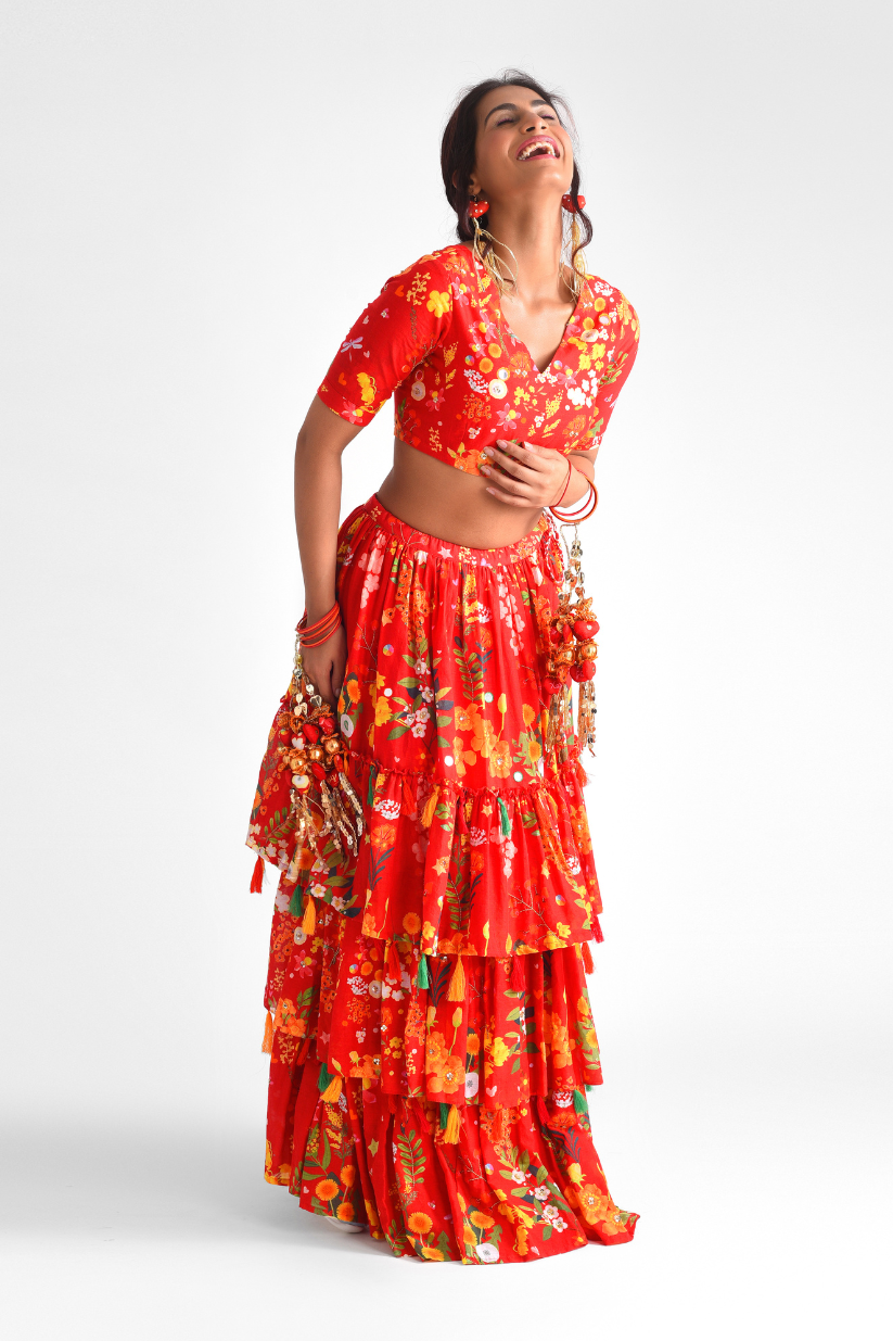 Red 3 Tier Lehenga