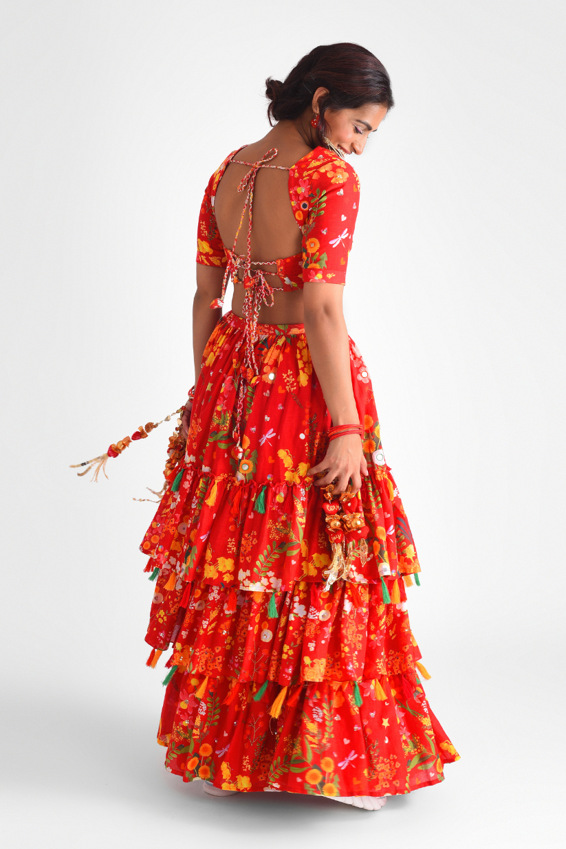 Red 3 Tier Lehenga