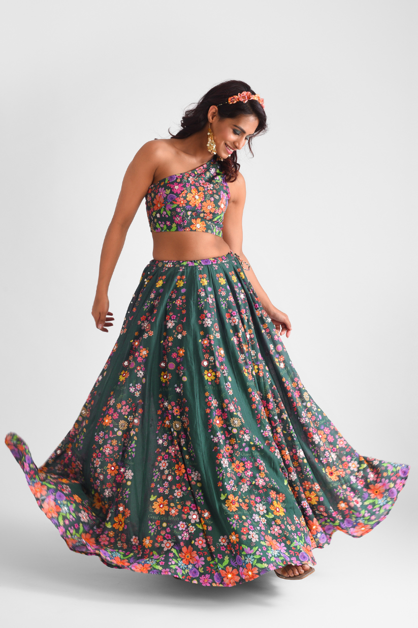 Green Floral Printed Lehenga
