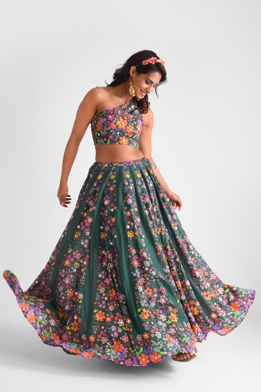 Green Floral Printed Lehenga