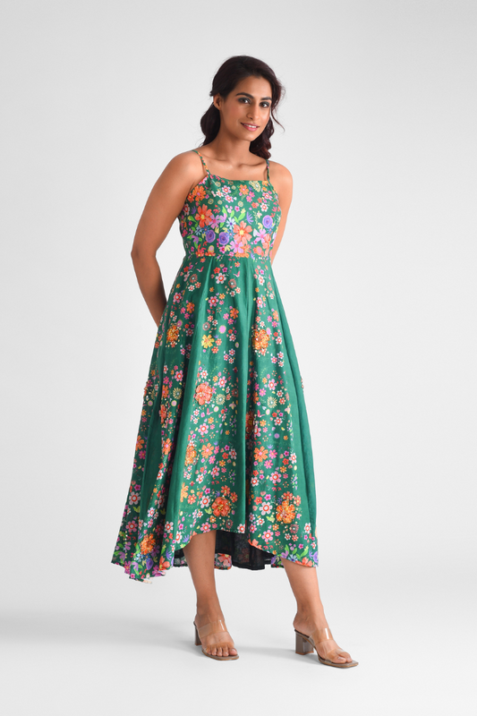 Applique Flower Green Cotton Dress