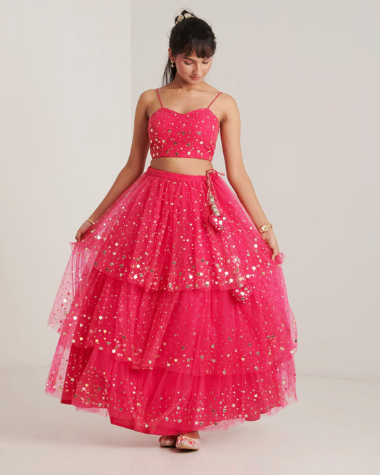 Hot pink net embellished lehenga set