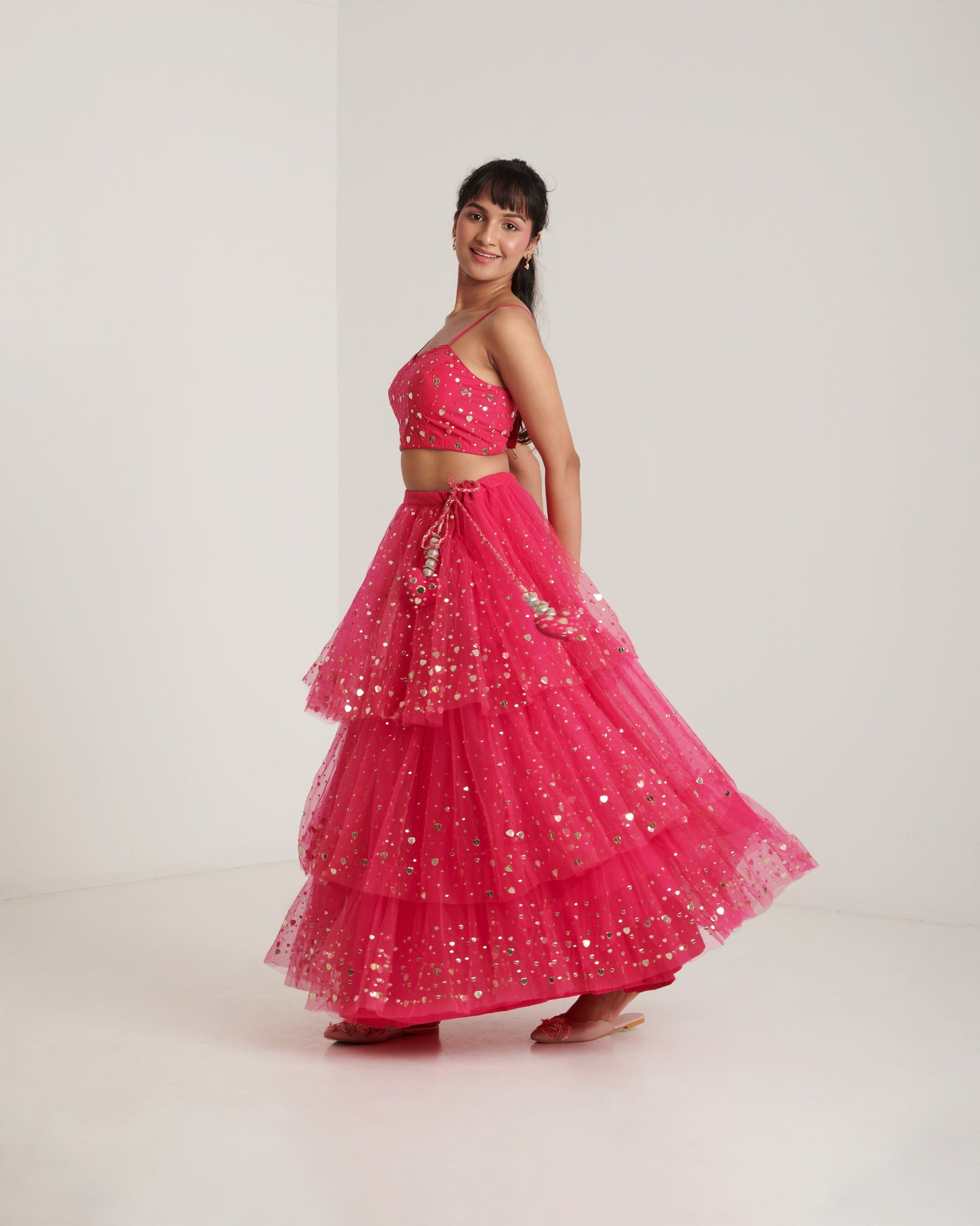 Hot pink net embellished lehenga set