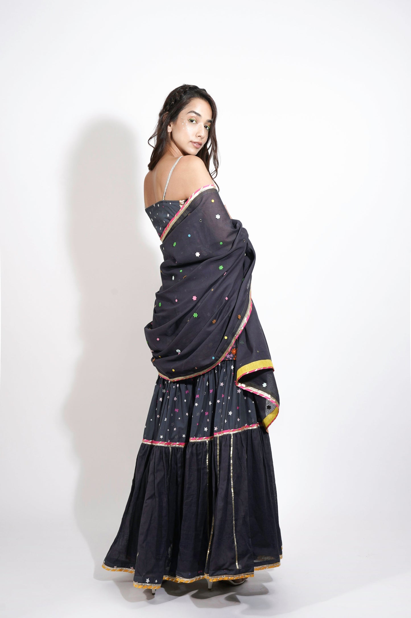 Black Flora Print Sharara Set