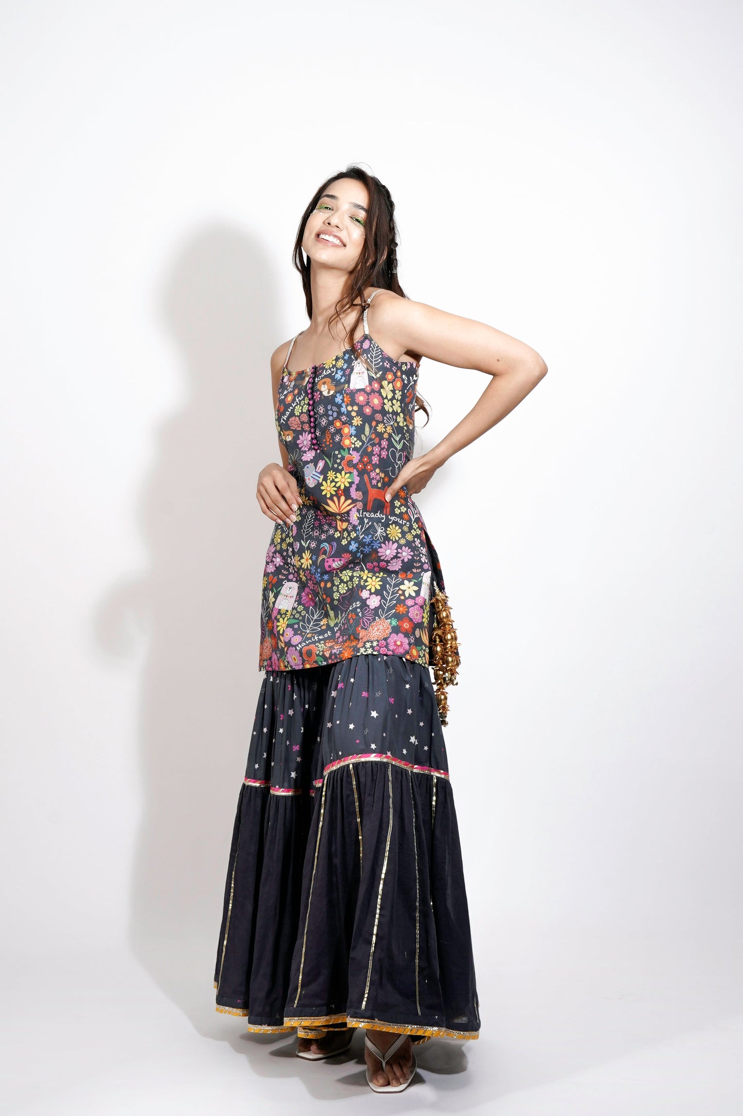 Black Flora Print Sharara Set