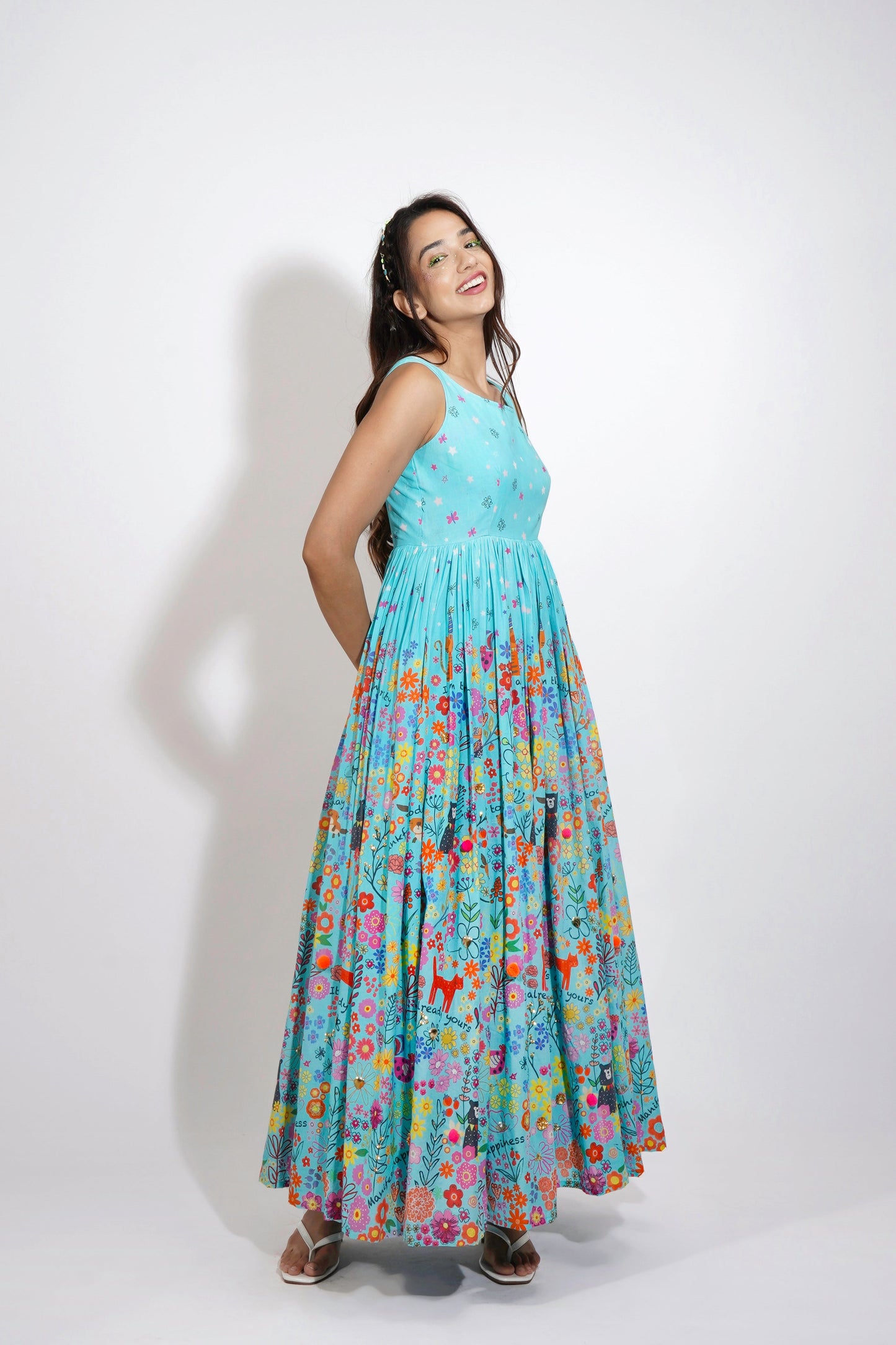 Blue Flora Print Embroidered Anarkali Set
