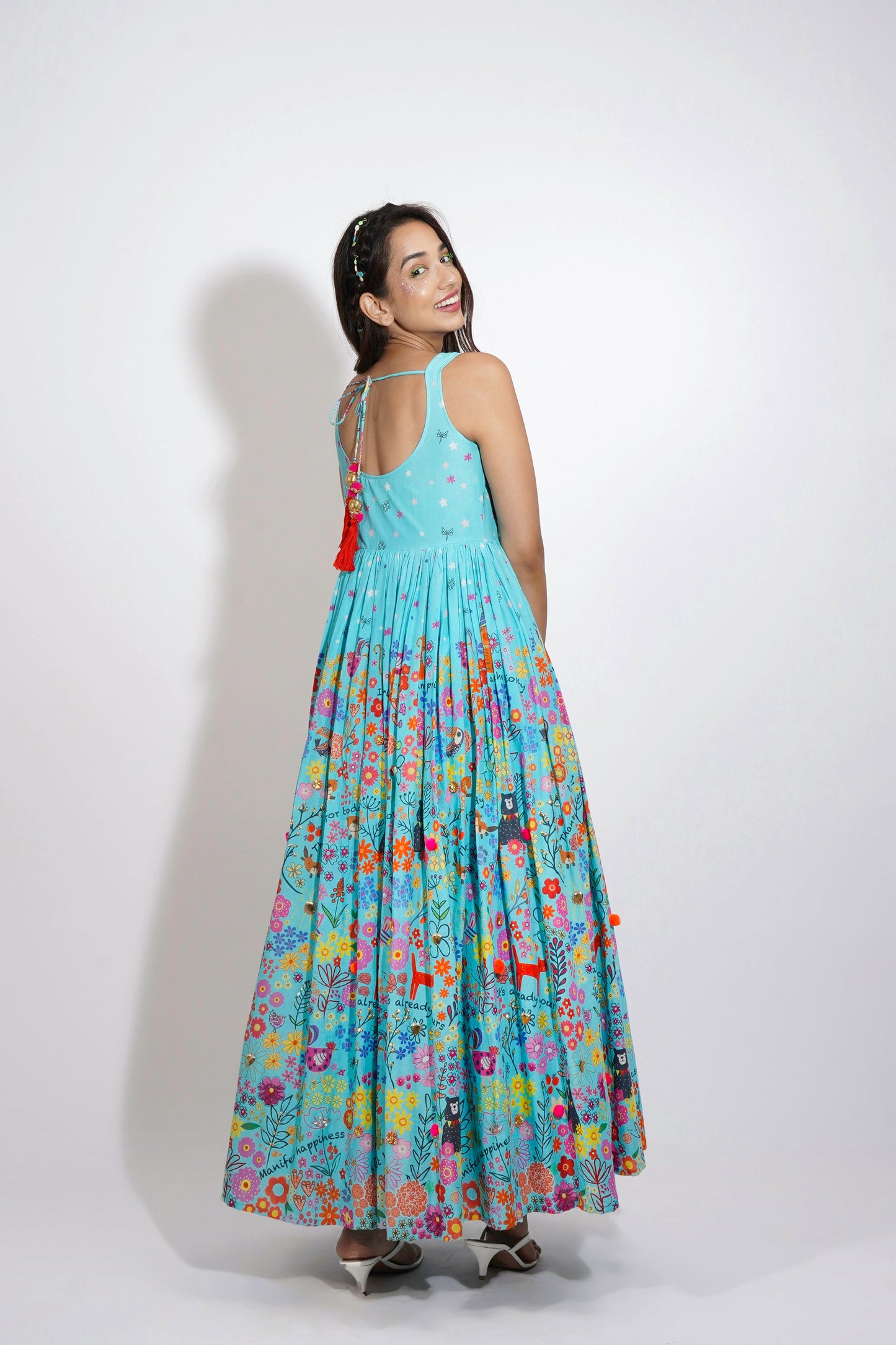 Blue Flora Print Embroidered Anarkali Set