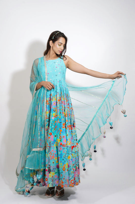 Blue Flora Print Embroidered Anarkali Set