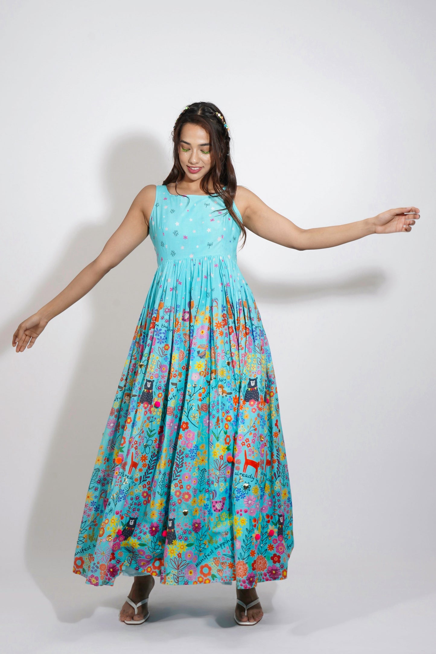 Blue Flora Print Embroidered Anarkali Set