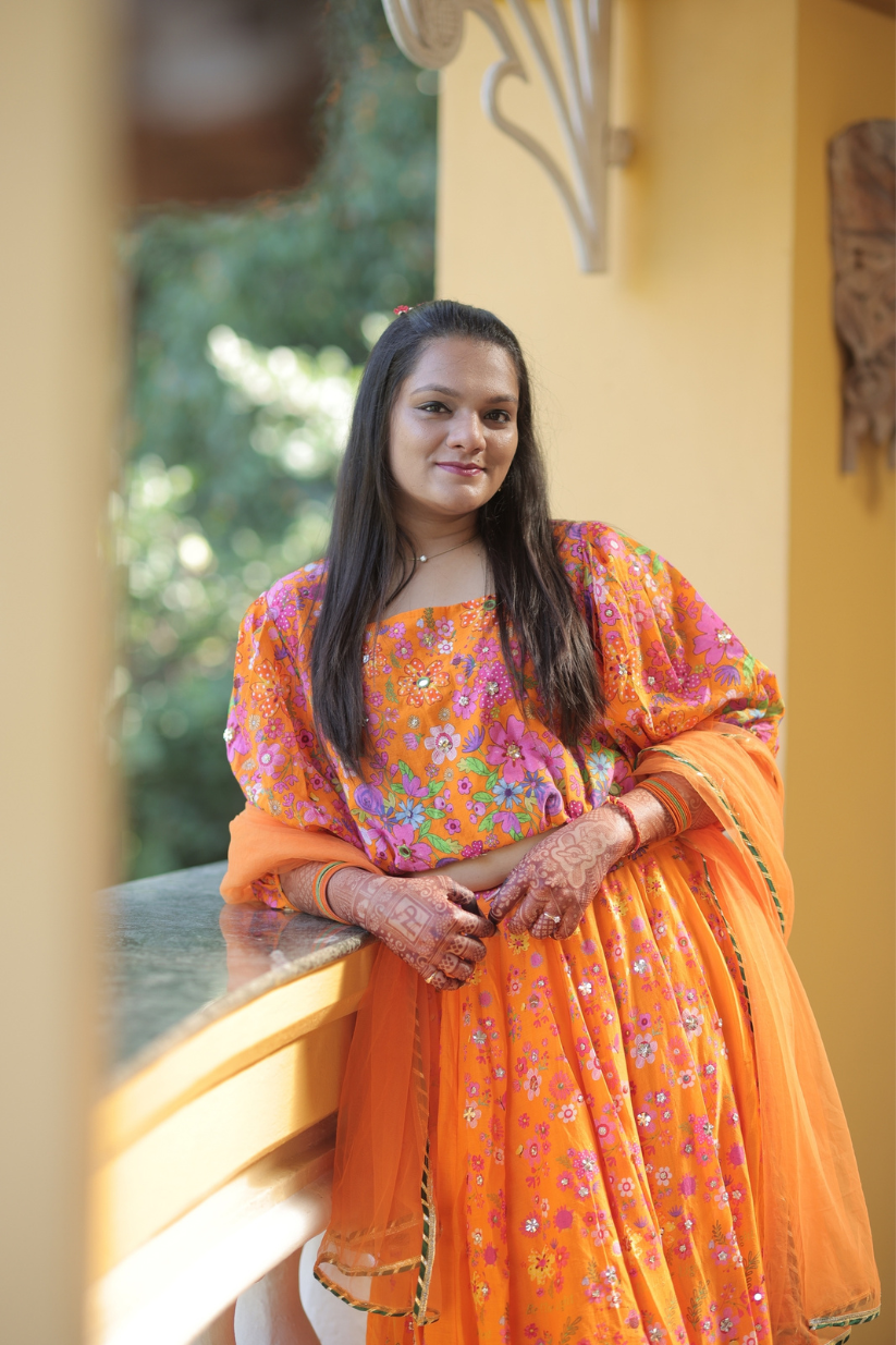 Orange Floral Printed Lehenga