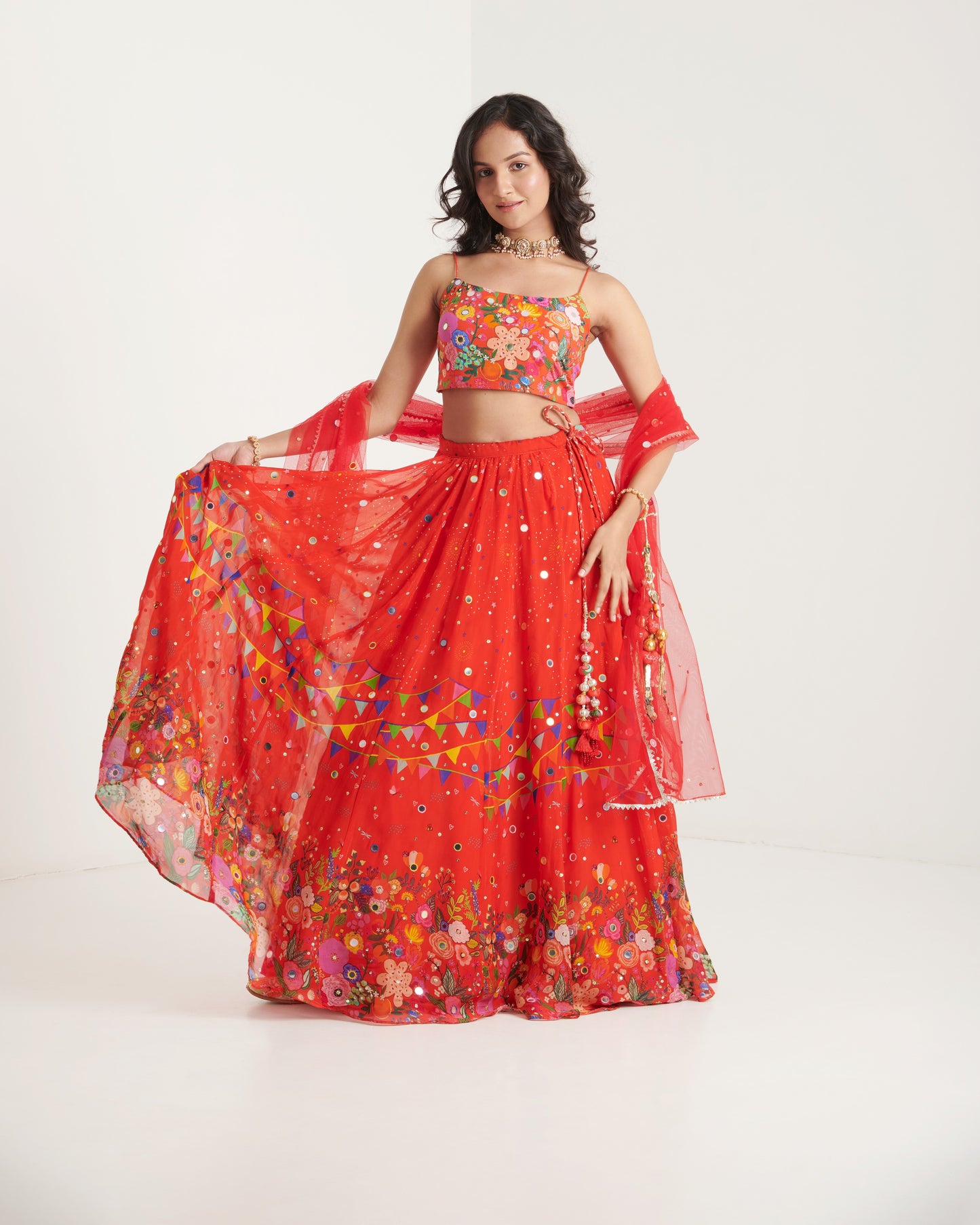 Scarlet organza printed lehenga set with blouse