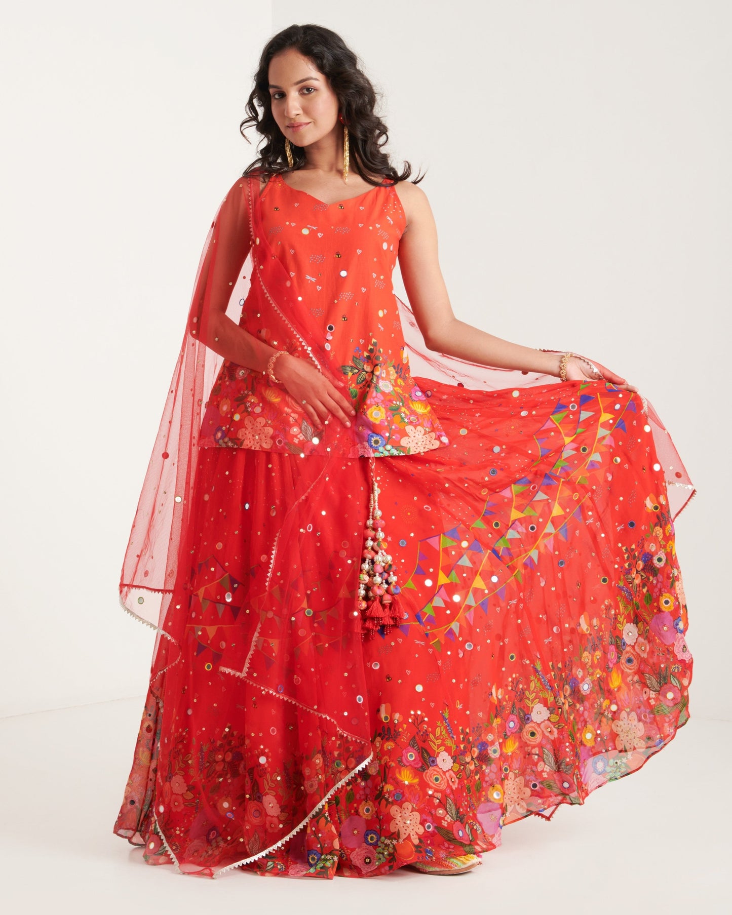 Scarlet organza printed lehenga set with blouse