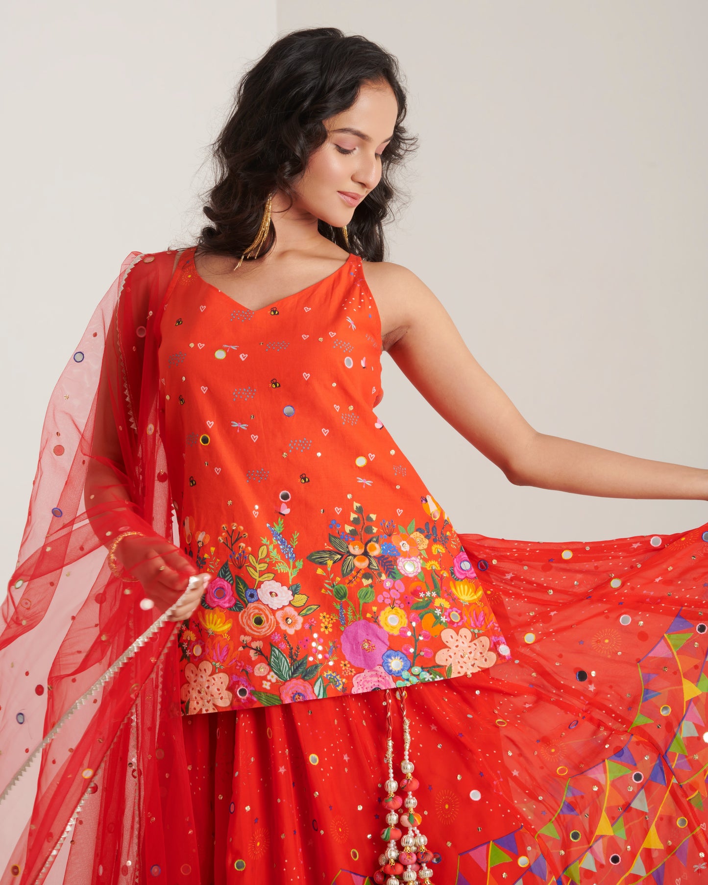 Scarlet organza printed lehenga set