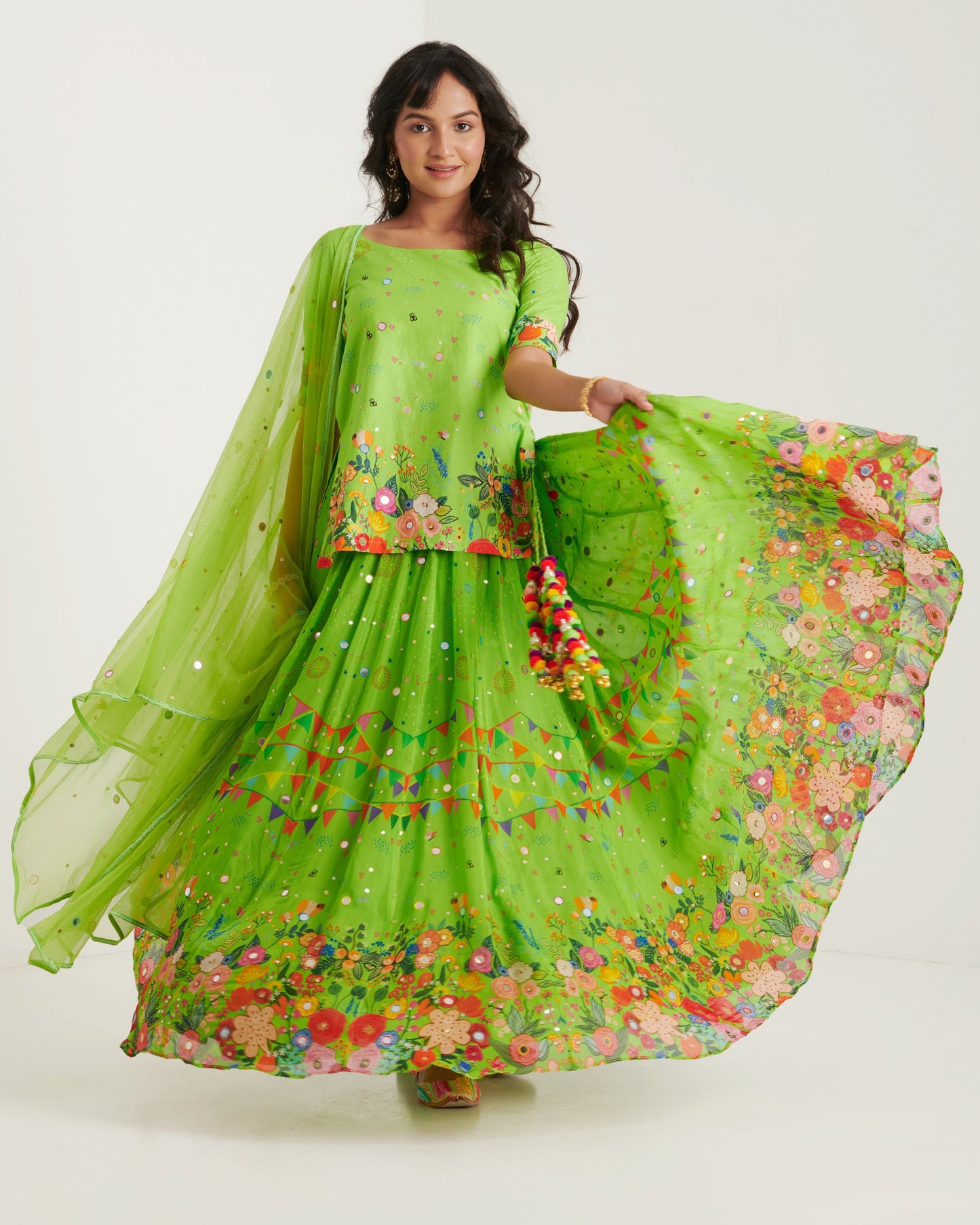 Parrot green organza printed lehenga set