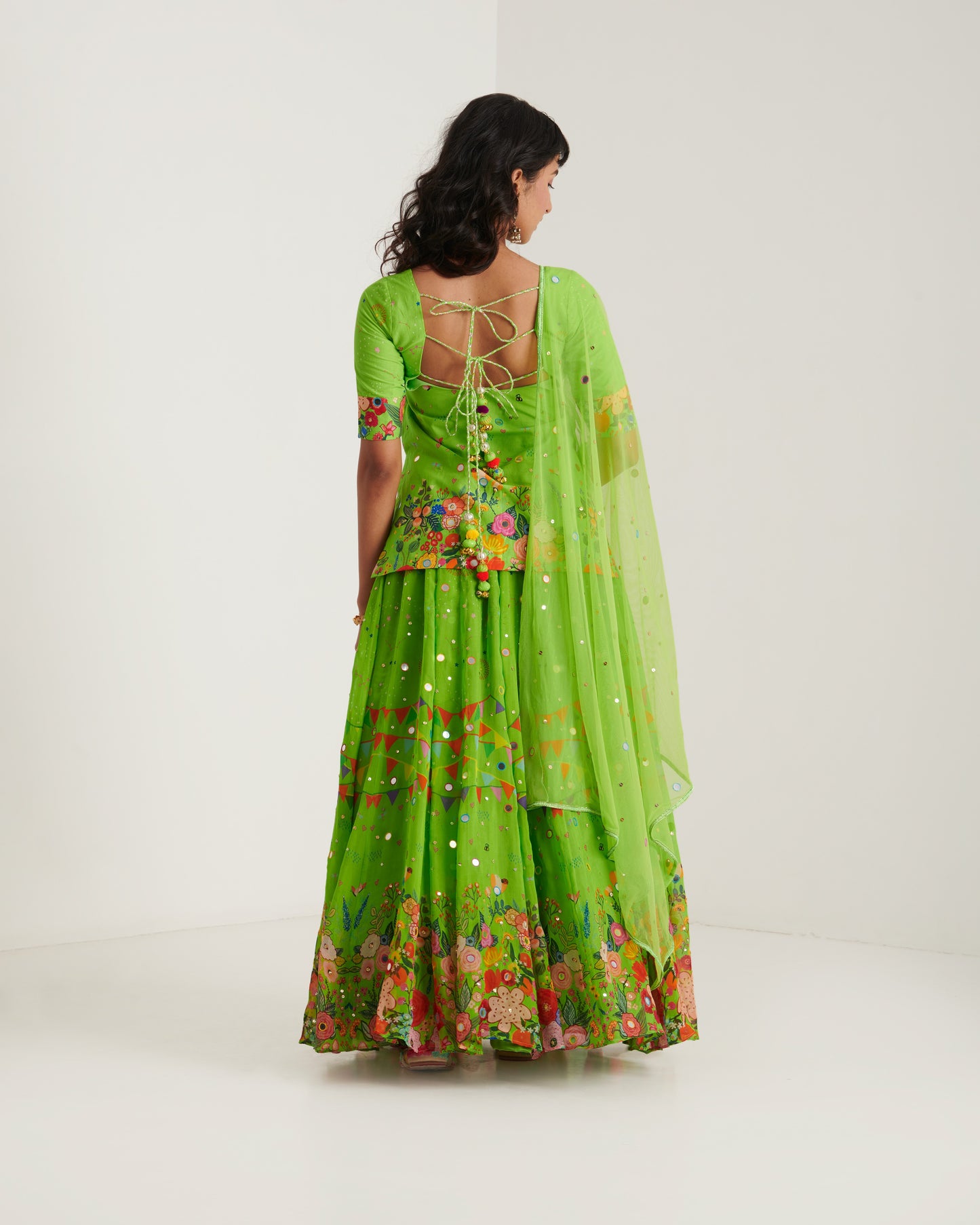 Parrot green organza printed lehenga set