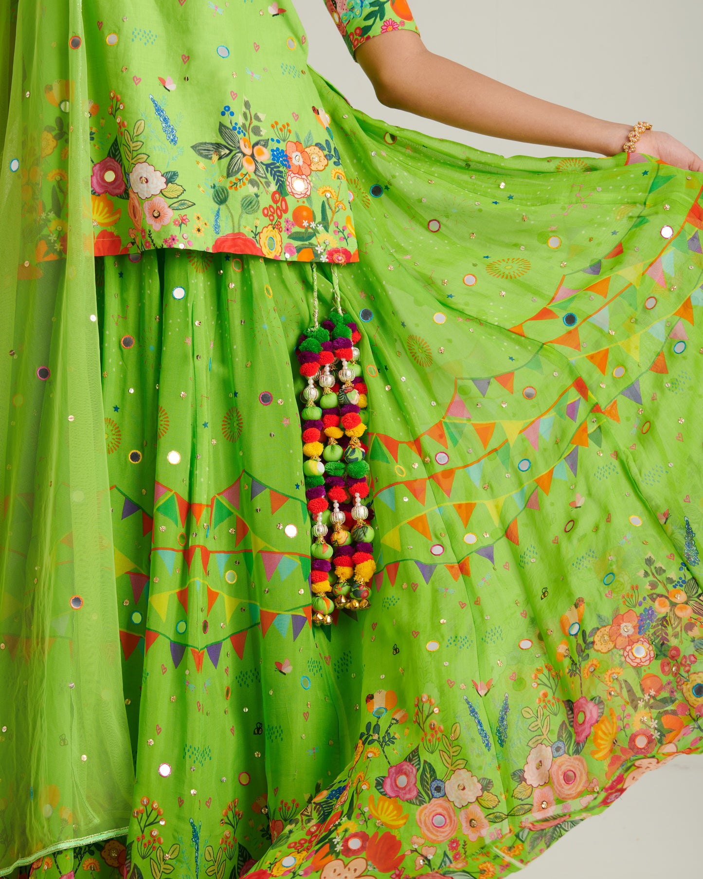 Parrot green organza printed lehenga set