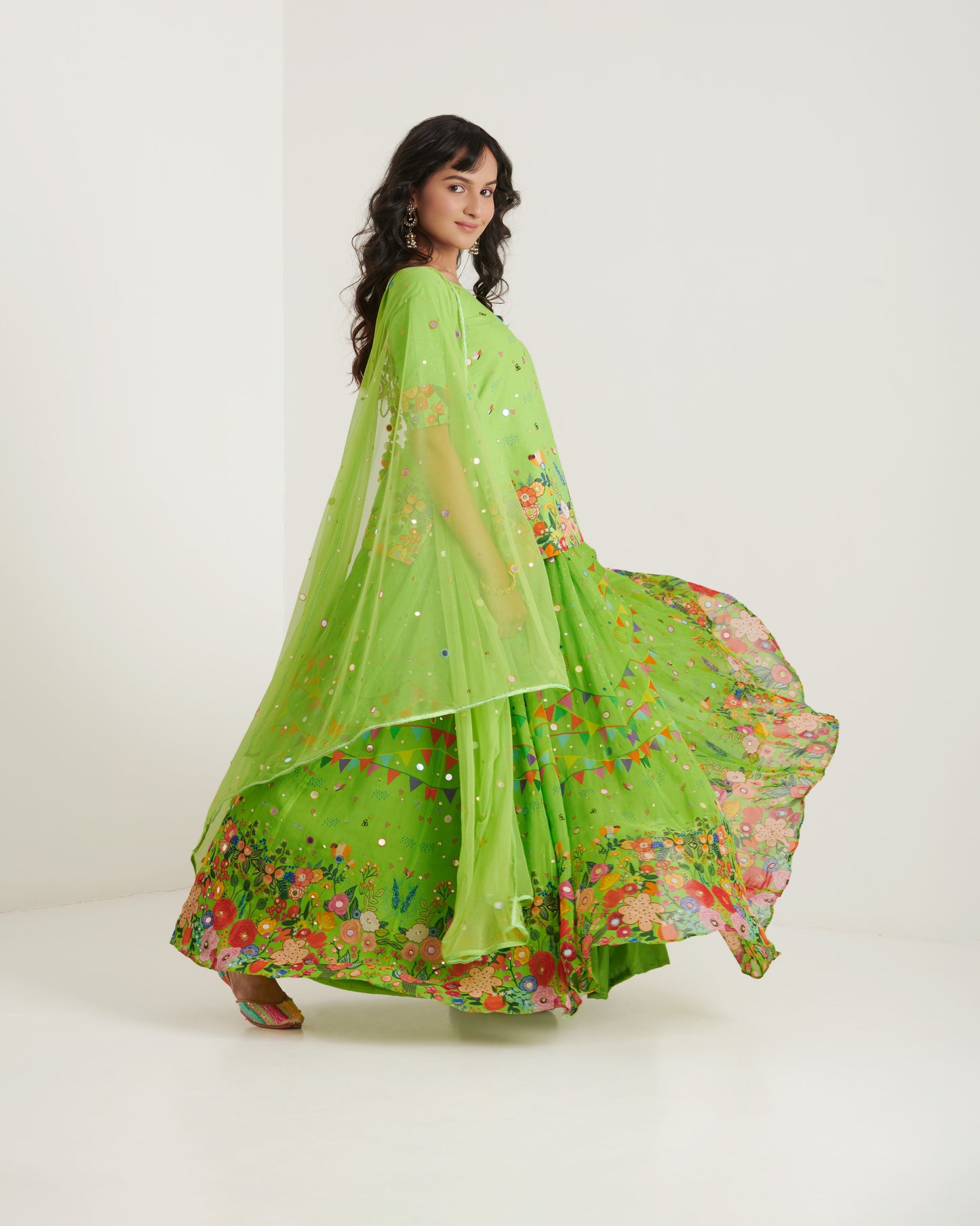 Parrot green organza printed lehenga set