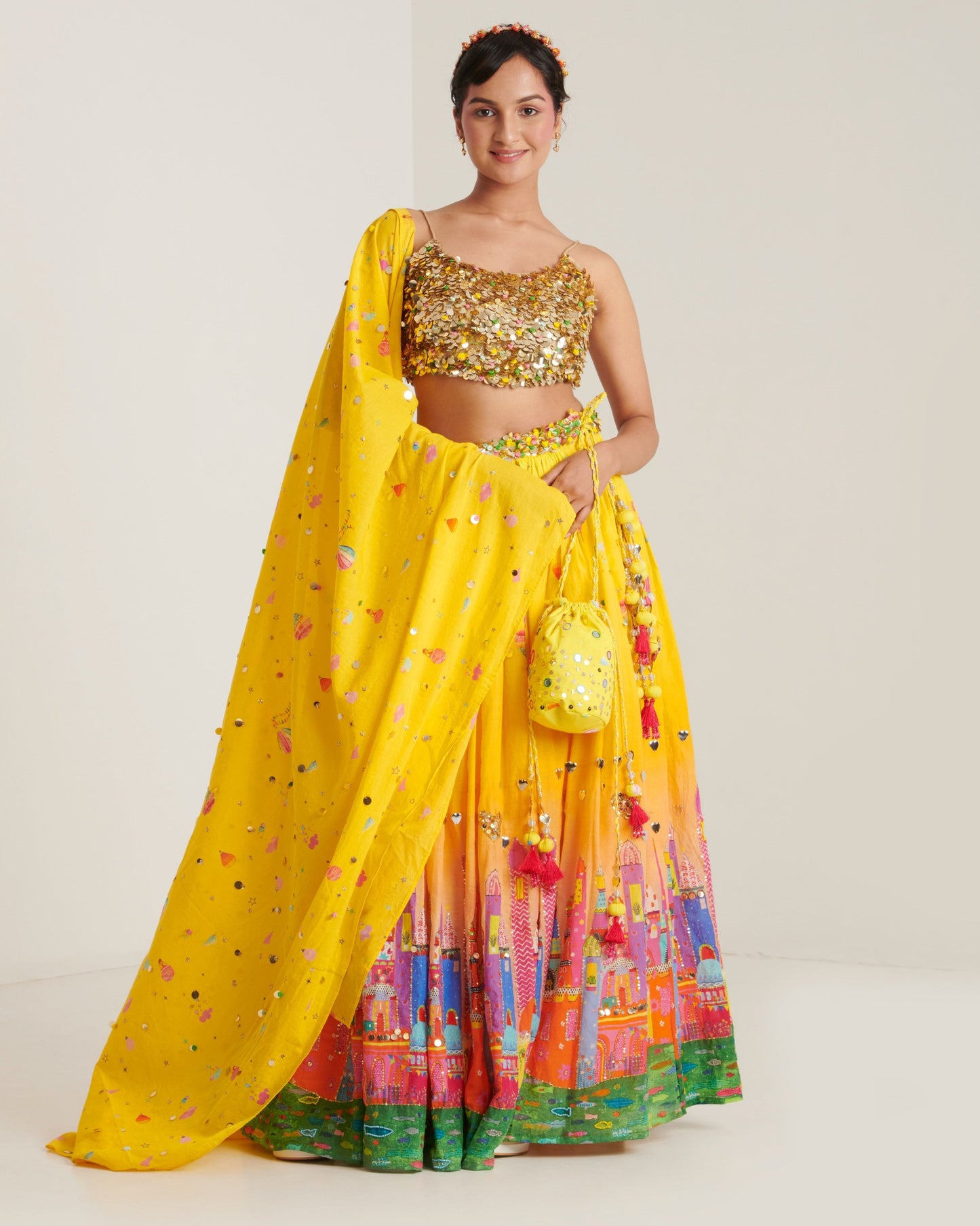 Yellow cotton printed lehenga set